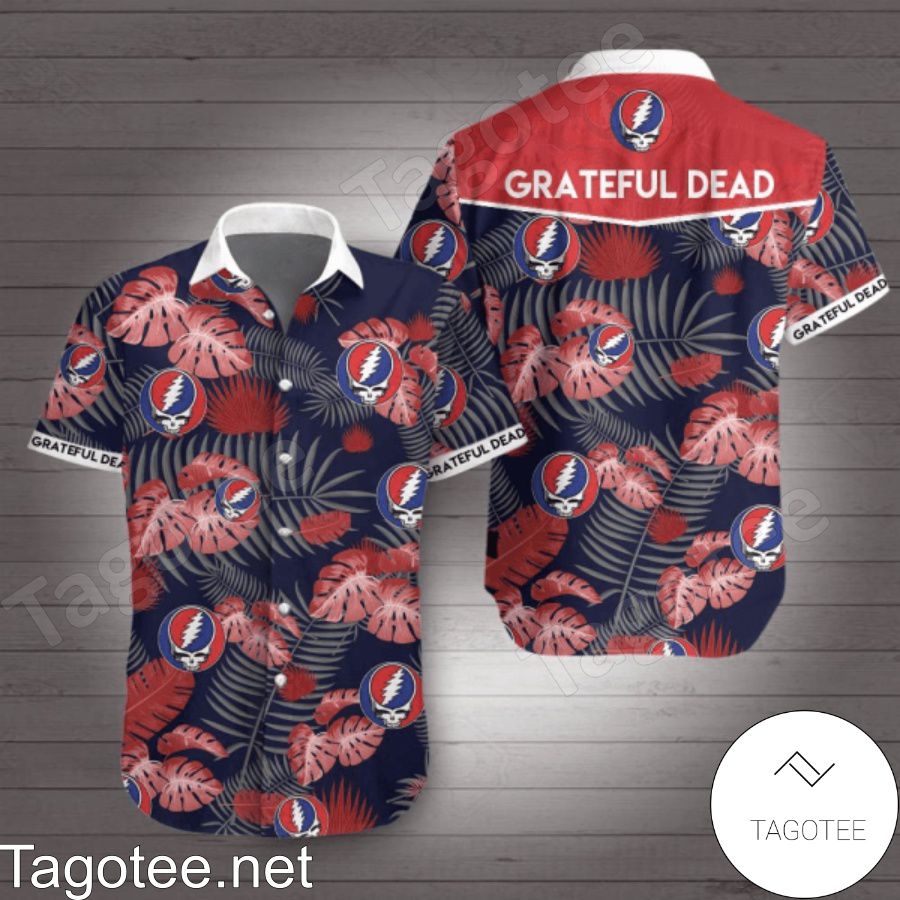 Grateful Dead Logo Red Tropical Leaves Navy Hawaiian Shirt