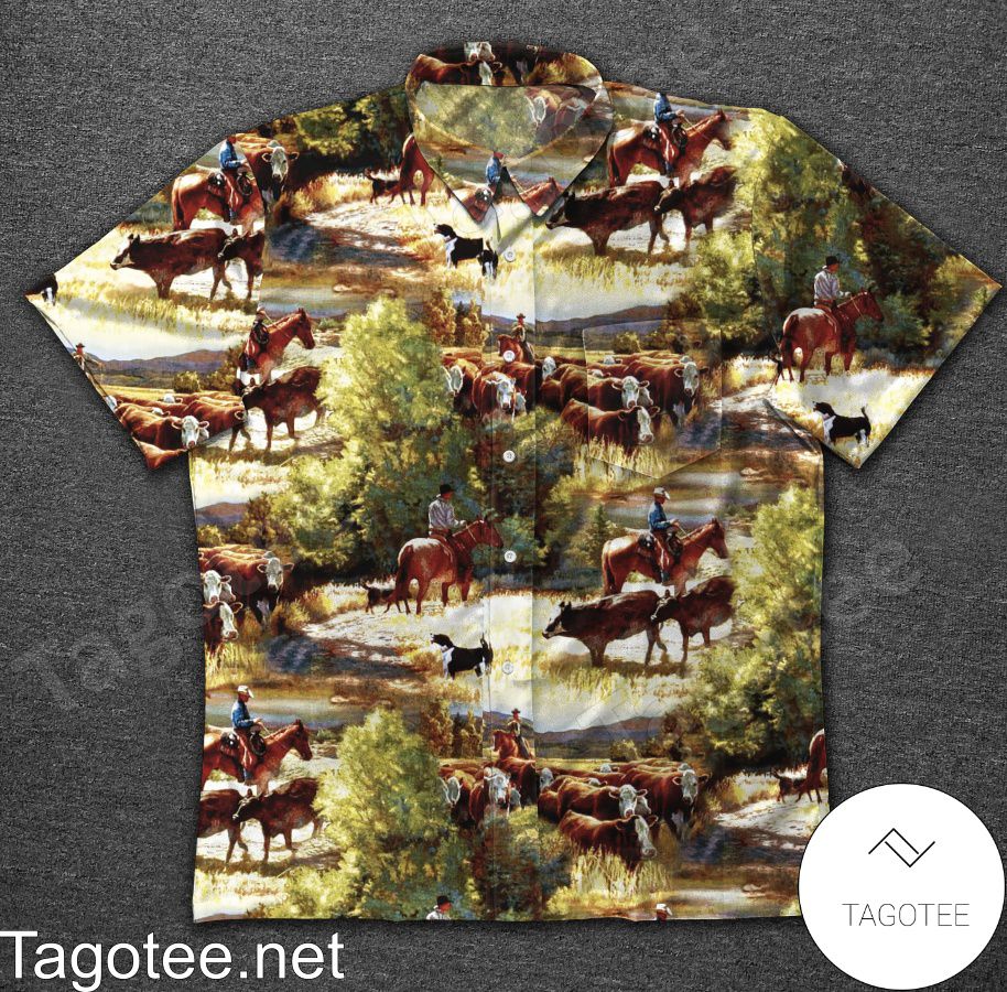 Grazing Horses With Cattle Hawaiian Shirt