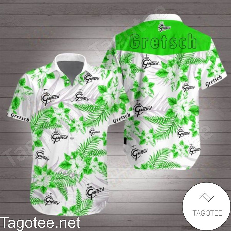 Gretsch Neon Green Tropical Floral White Hawaiian Shirt