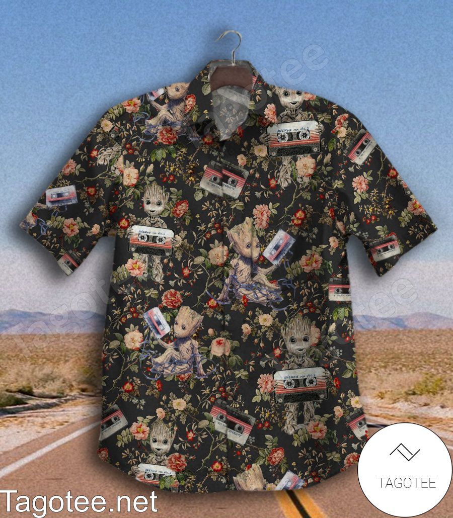 Groot With Awesome Mix Tape Flower Black Hawaiian Shirt