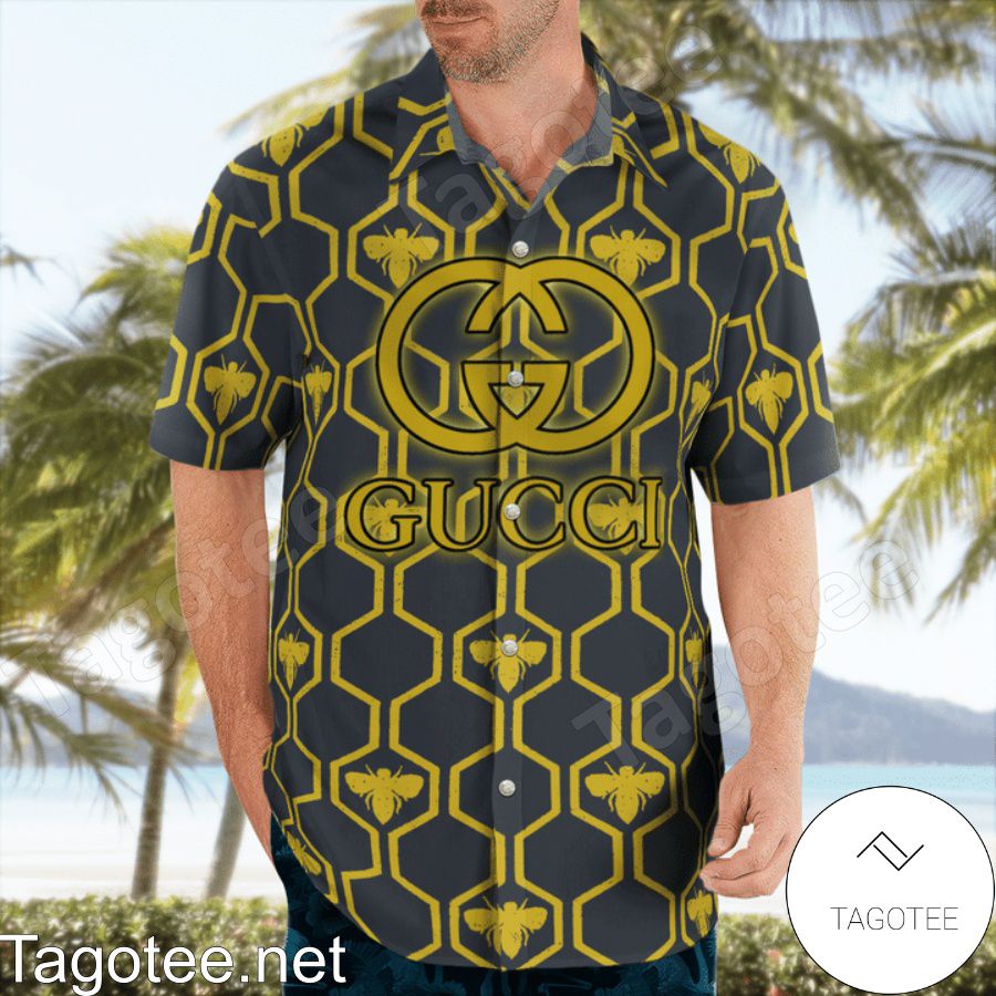 Present Gucci Bee Hive Pattern Hawaiian Shirt And Beach Shorts