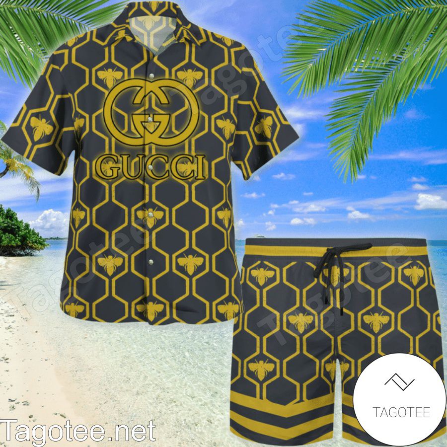 Near you Gucci Bee Hive Pattern Hawaiian Shirt And Beach Shorts