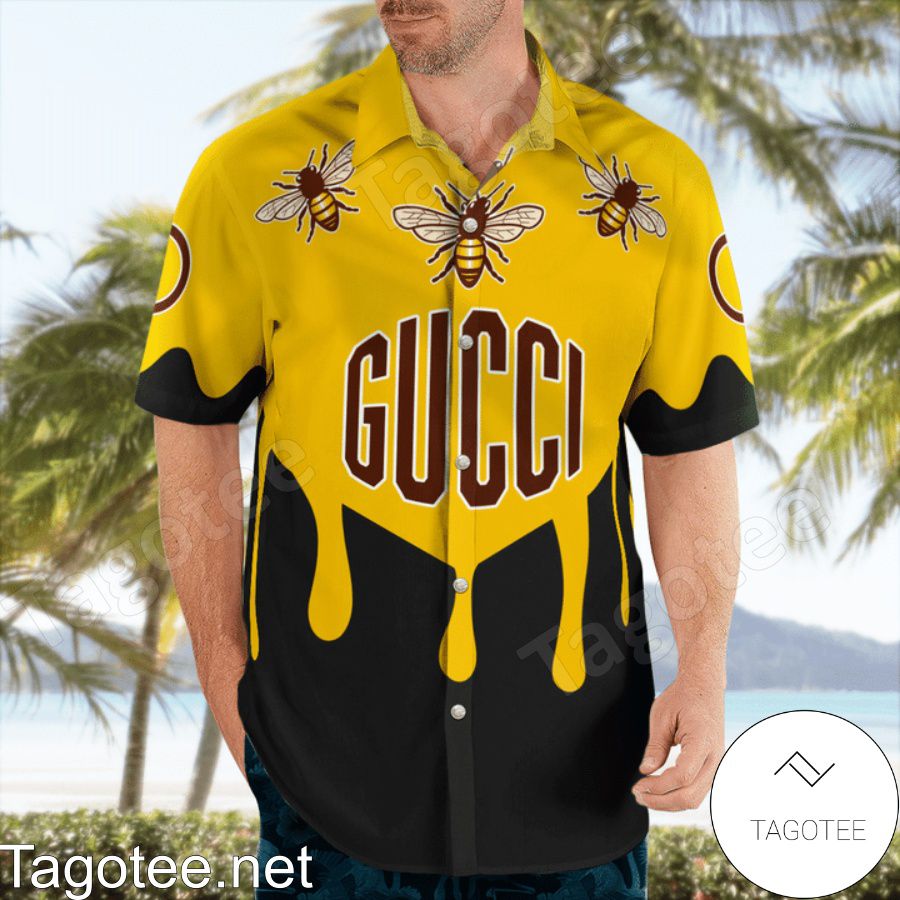 Nice Gucci Bee Yellow Mix Black Hawaiian Shirt And Beach Shorts
