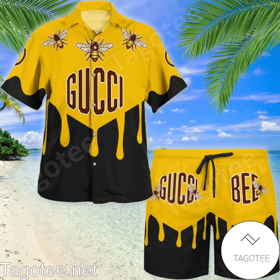 Sale Off Gucci Bee Yellow Mix Black Hawaiian Shirt And Beach Shorts