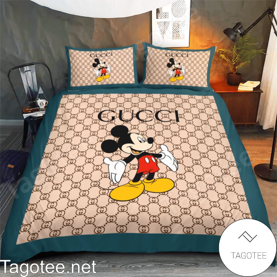 Gucci Beige Mickey Mouse With Pine Green Border Bedding Set