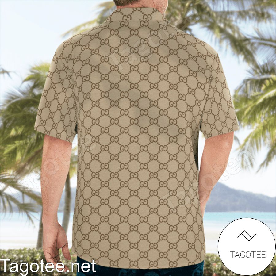 Discount Gucci Beige Monogram With Vertical Color Stripes Hawaiian Shirt And Beach Shorts