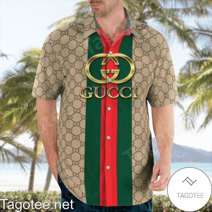 Print On Demand Gucci Beige Monogram With Vertical Color Stripes Hawaiian Shirt And Beach Shorts