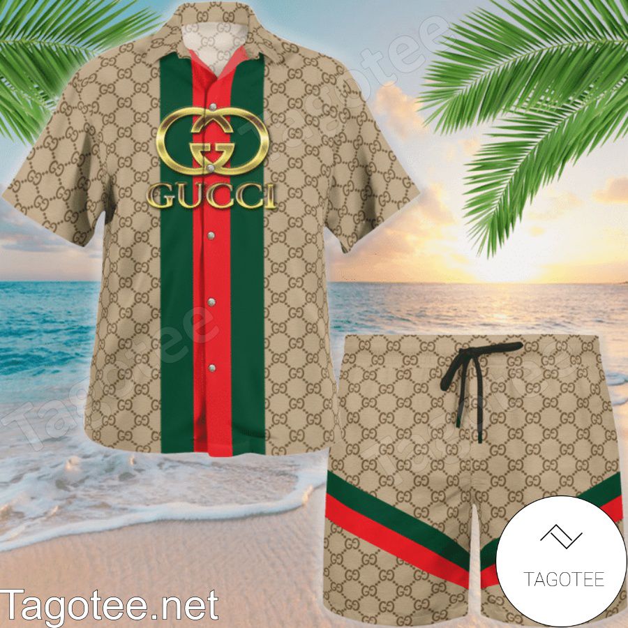 Handmade Gucci Beige Monogram With Vertical Color Stripes Hawaiian Shirt And Beach Shorts