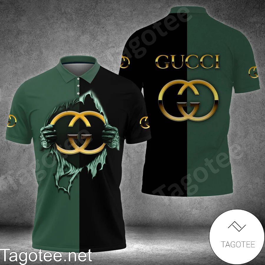 Gucci Black Green Hand Tearing Logo Polo Shirt