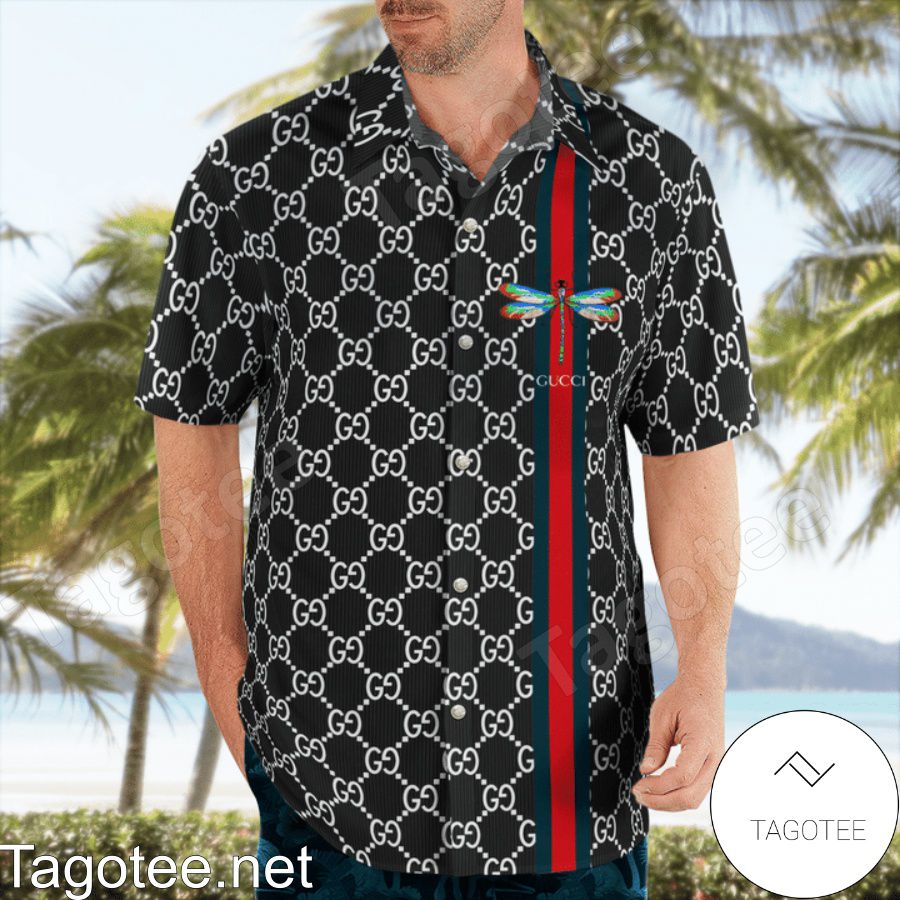 Adult Gucci Black Monogram With Dragonfly On Stripes Hawaiian Shirt And Beach Shorts
