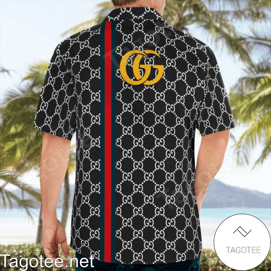 Real Gucci Black Monogram With Dragonfly On Stripes Hawaiian Shirt And Beach Shorts