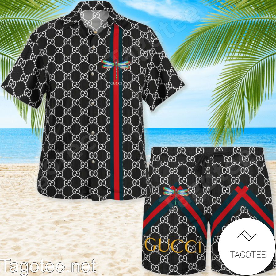 Gucci Black Monogram With Dragonfly On Stripes Hawaiian Shirt And Beach  Shorts - Tagotee