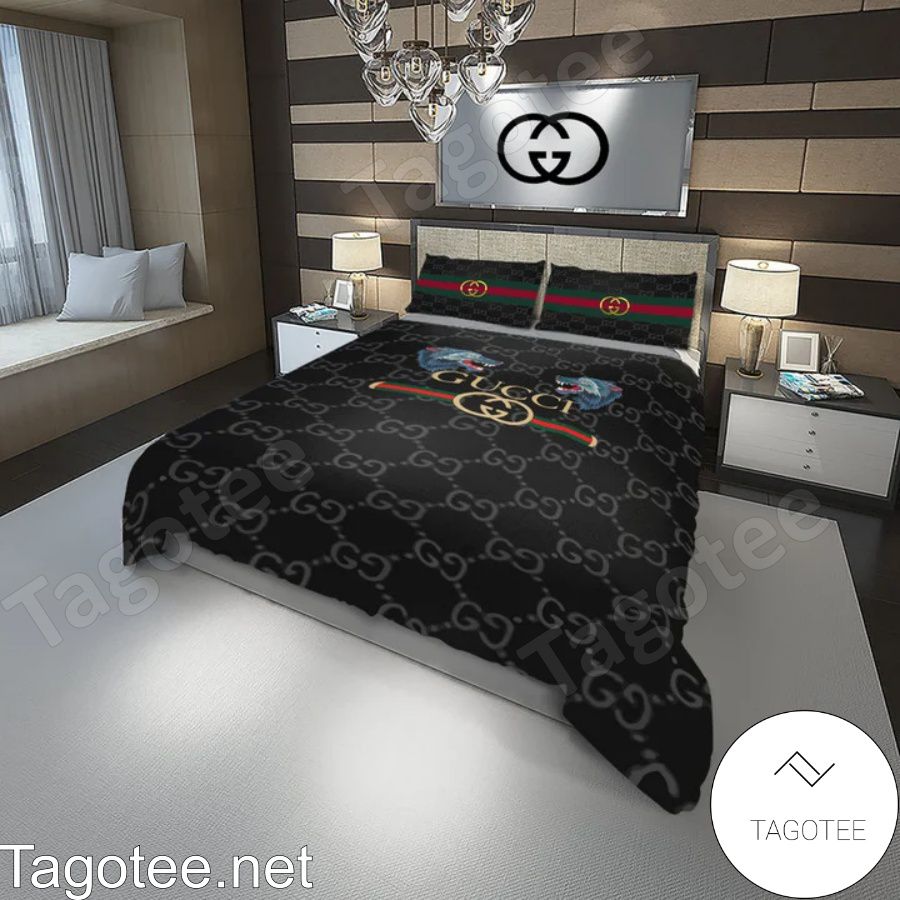 Gucci Blue Wolf Face To Face Black Bedding Set