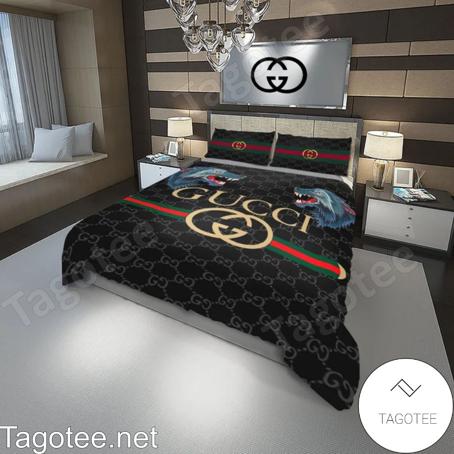 Gucci Blue Wolf Face To Face Logo Black Bedding Set