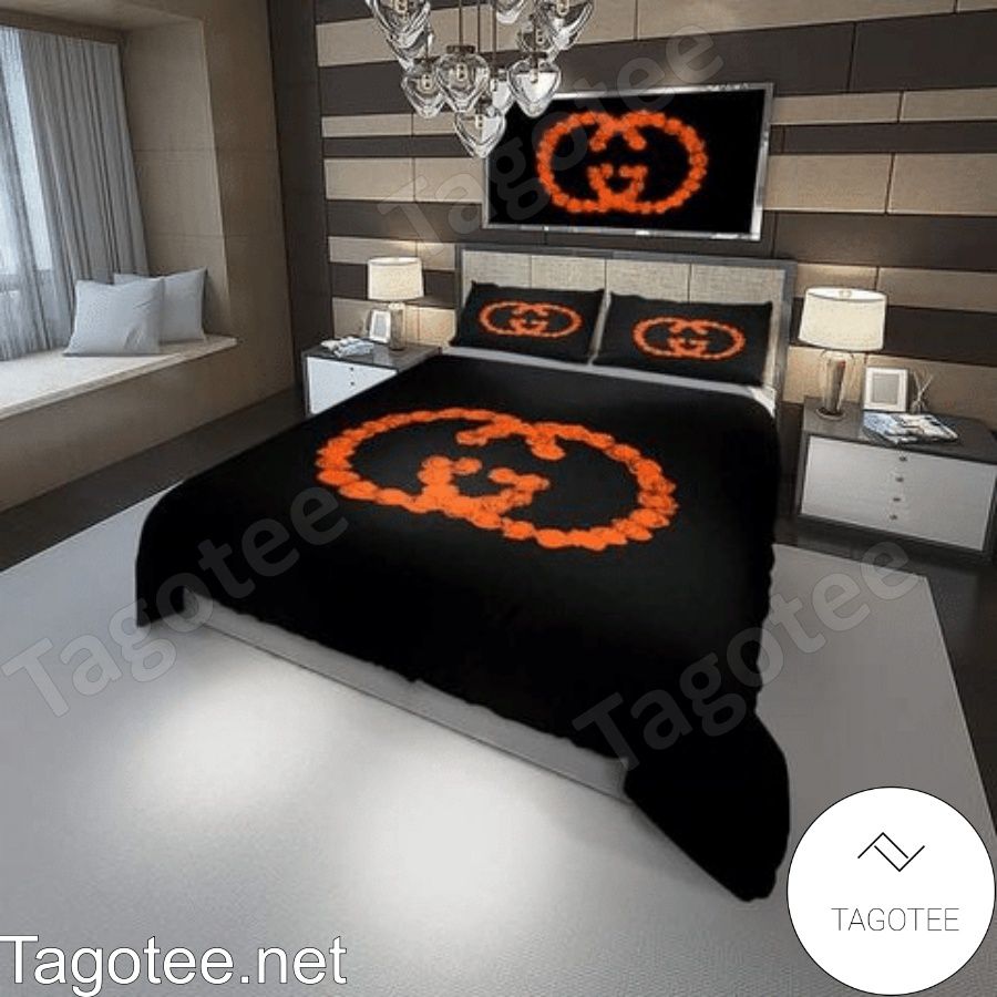 Gucci Brand Logo By Orange Roses Black Bedding Set