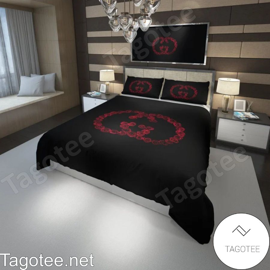 Gucci Brand Logo By Red Roses Black Bedding Set
