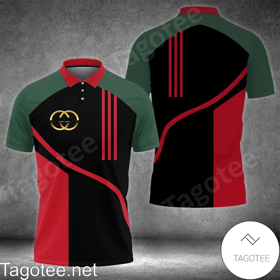 Gucci Gold Logo Black Mix Green And Red Polo Shirt