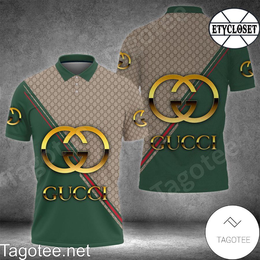 Gucci Gold Logo Brown Monogram Mix Green Polo Shirt