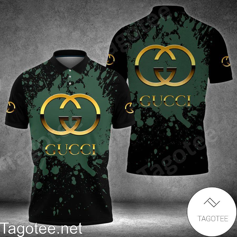 Gucci Gold Logo Green Watercolor Splash Black Polo Shirt