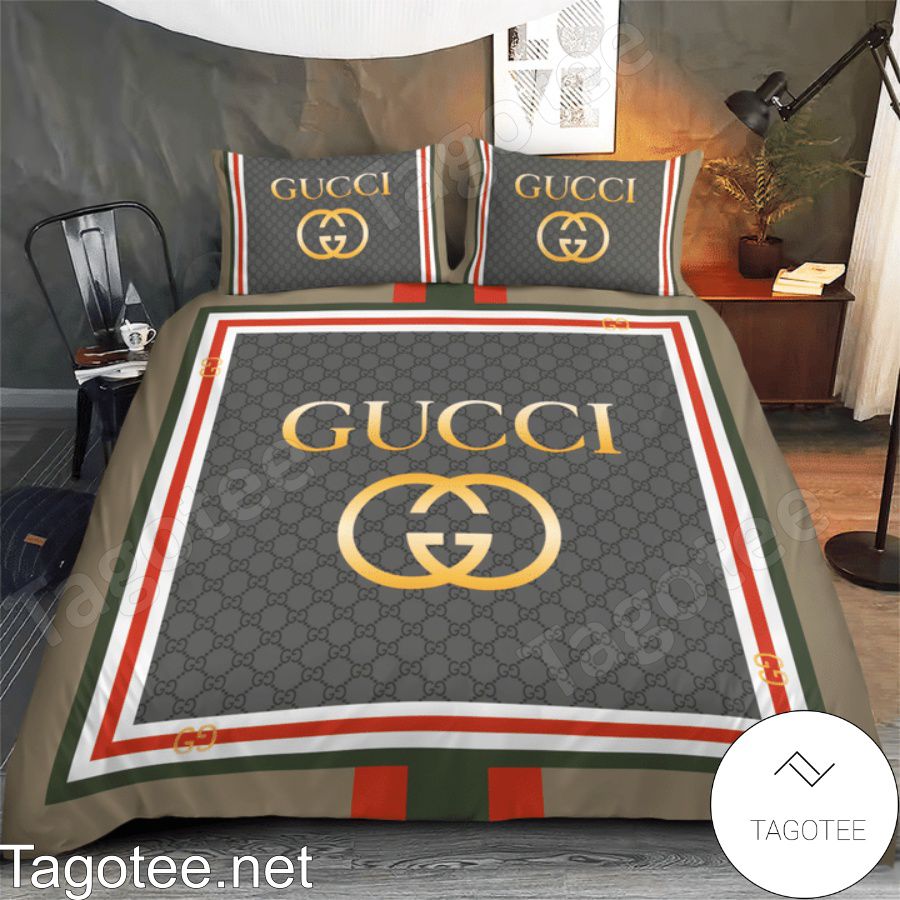 Gucci Golden Logo In Grey Monogram Square Bedding Set