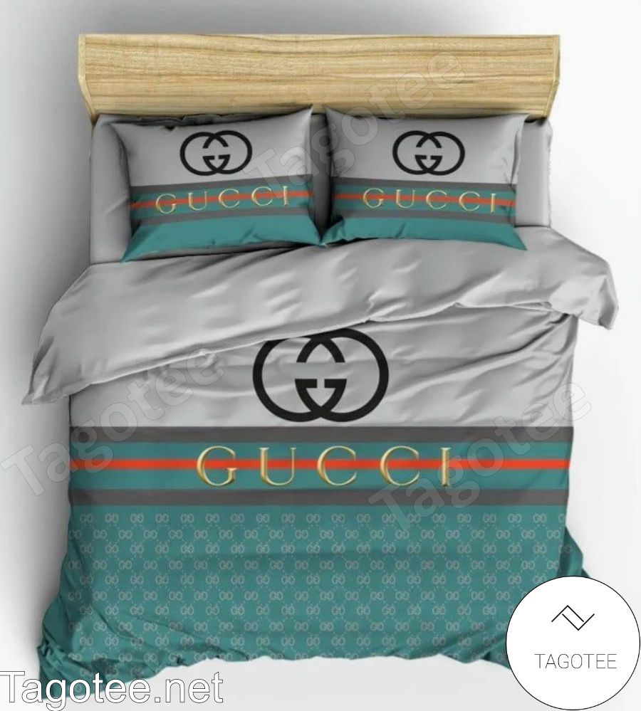 Gucci Grey Mix Green Stripes Center Bedding Set
