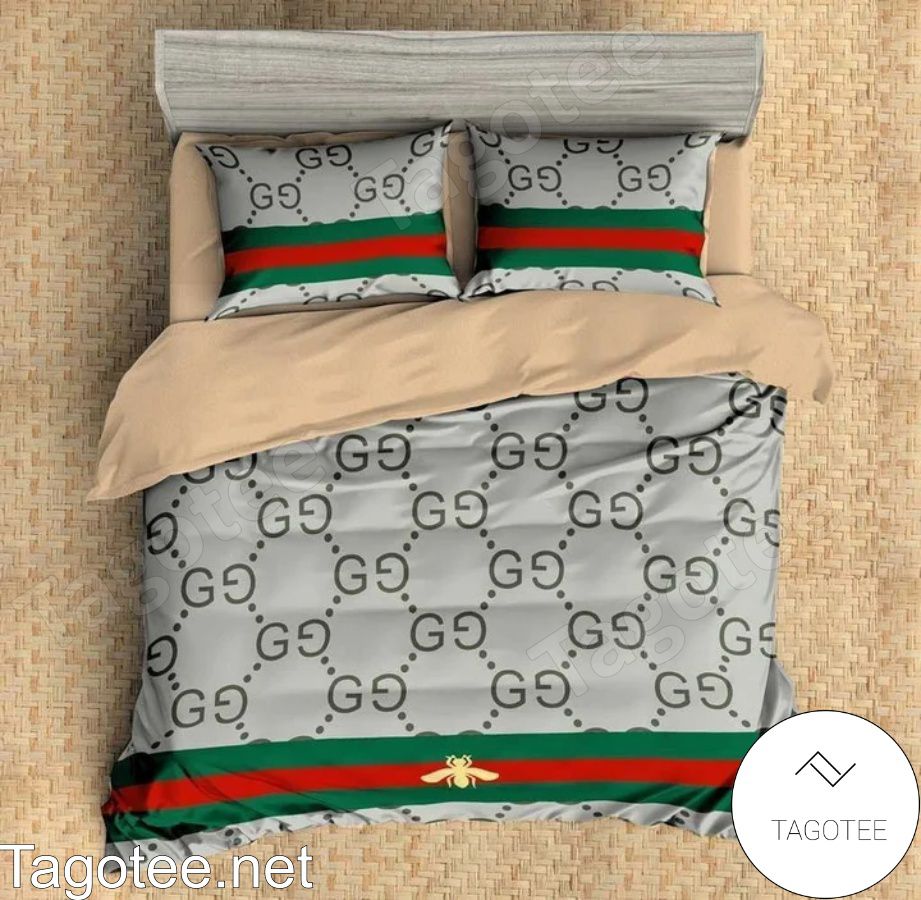 Gucci Grey Monogram With Bee On Red And Green Stripes Bedding Set