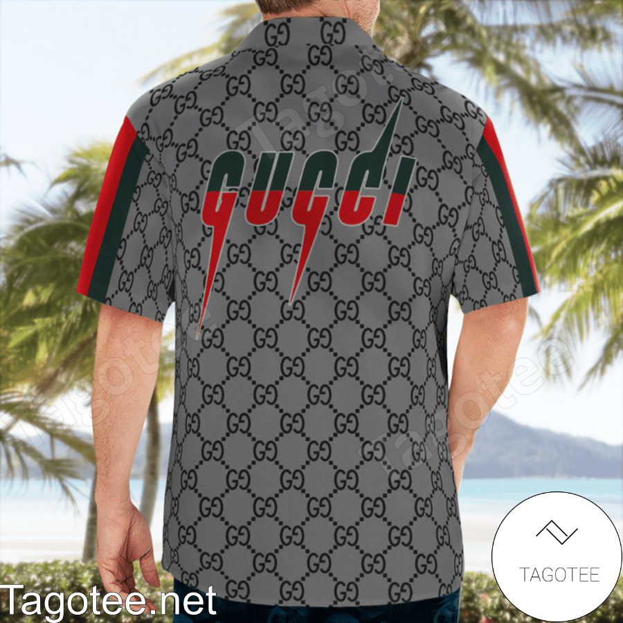 Us Store Gucci Grey Monogram With Vertical Color Stripes Hawaiian Shirt And Beach Shorts
