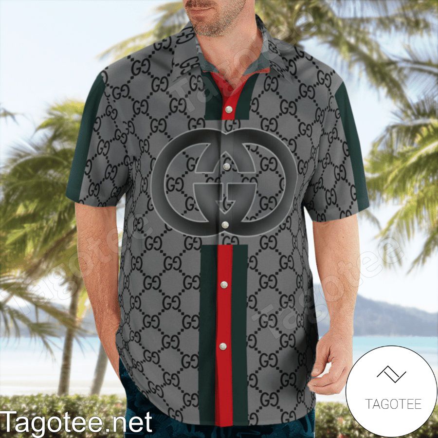 Luxury Gucci Grey Monogram With Vertical Color Stripes Hawaiian Shirt And Beach Shorts