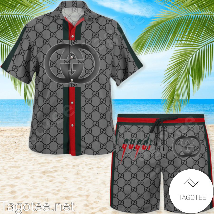 POD Gucci Grey Monogram With Vertical Color Stripes Hawaiian Shirt And Beach Shorts