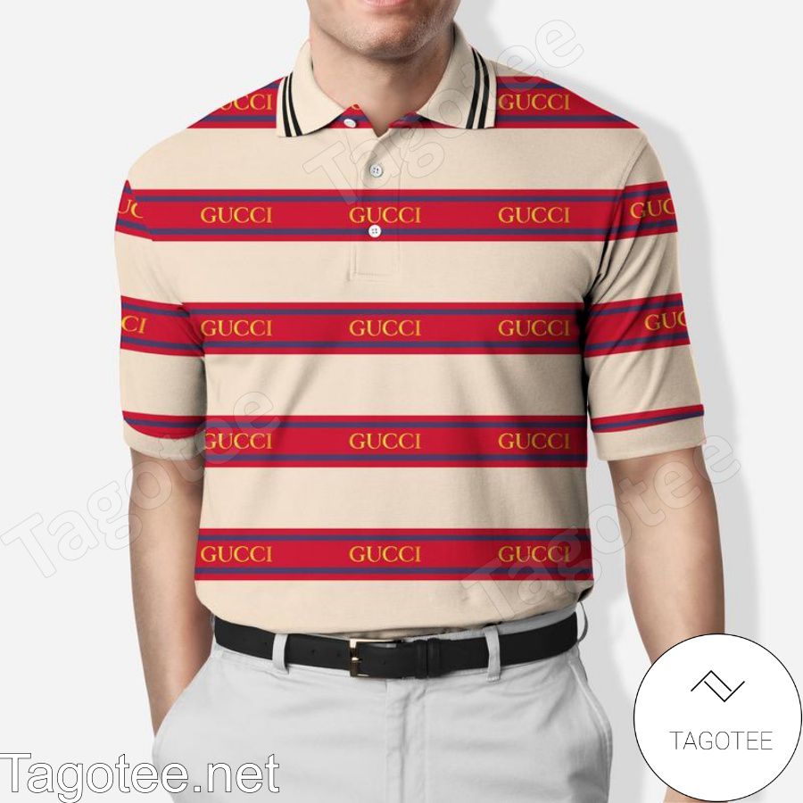 Gucci Horizontal Beige And Red Stripes Polo Shirt