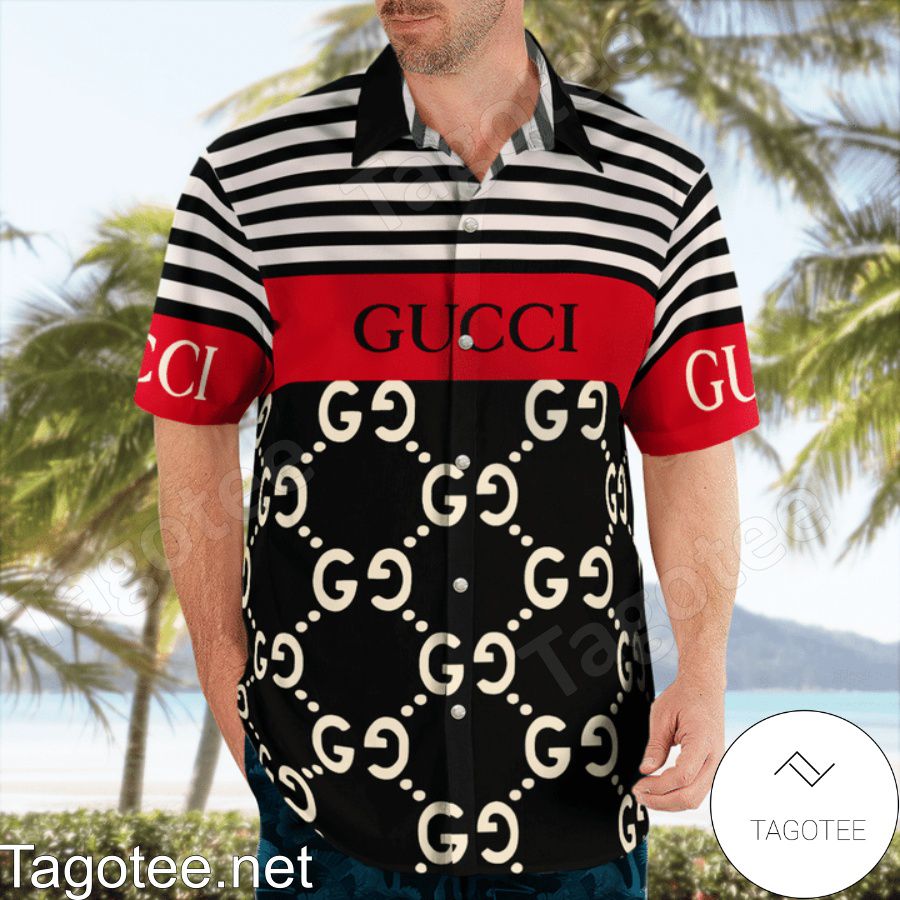 Only For Fan Gucci Horizontal Stripes Black Mix Red Hawaiian Shirt And Beach Shorts