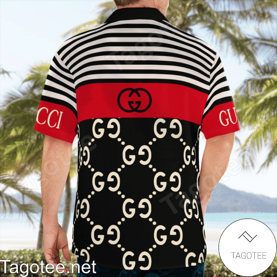 Perfect Gucci Horizontal Stripes Black Mix Red Hawaiian Shirt And Beach Shorts