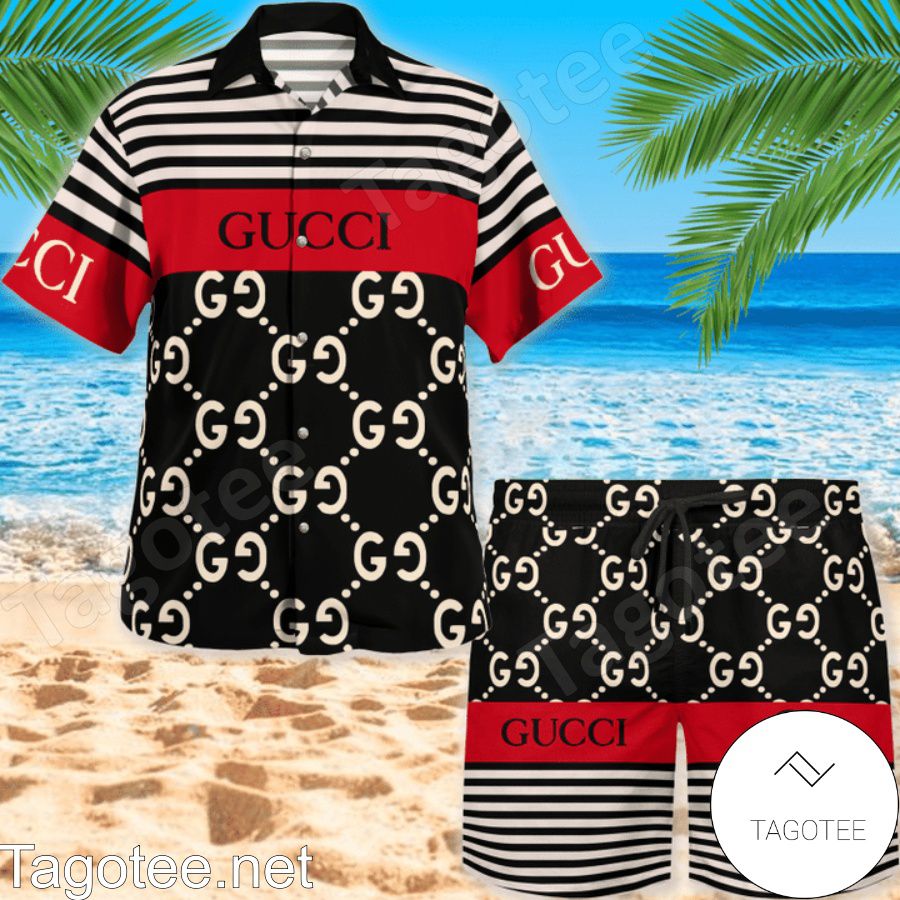 Best Gucci Horizontal Stripes Black Mix Red Hawaiian Shirt And Beach Shorts