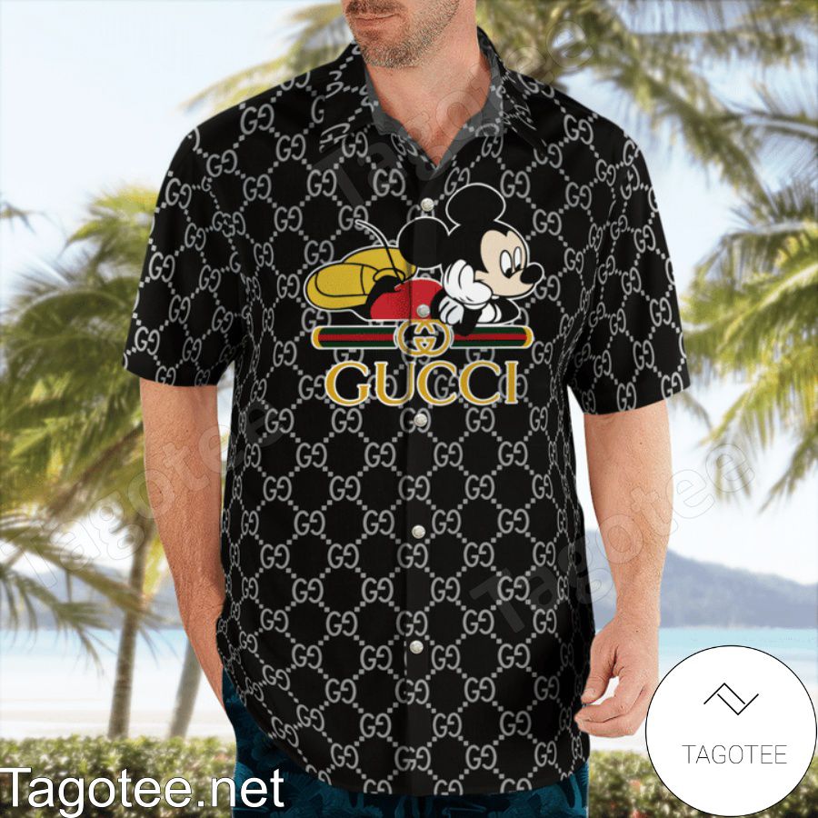 Gucci Mickey Mouse Black Monogram Hawaiian Shirt And Beach Shorts a