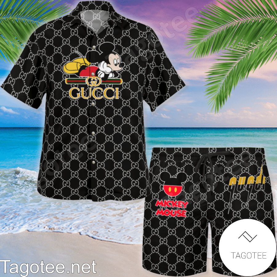 Gucci Mickey Mouse Black Monogram Hawaiian Shirt And Beach Shorts