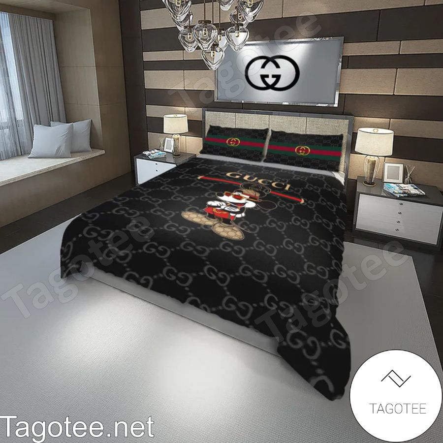 Gucci Mickey With Stripe Logo Black Monogram Bedding Set