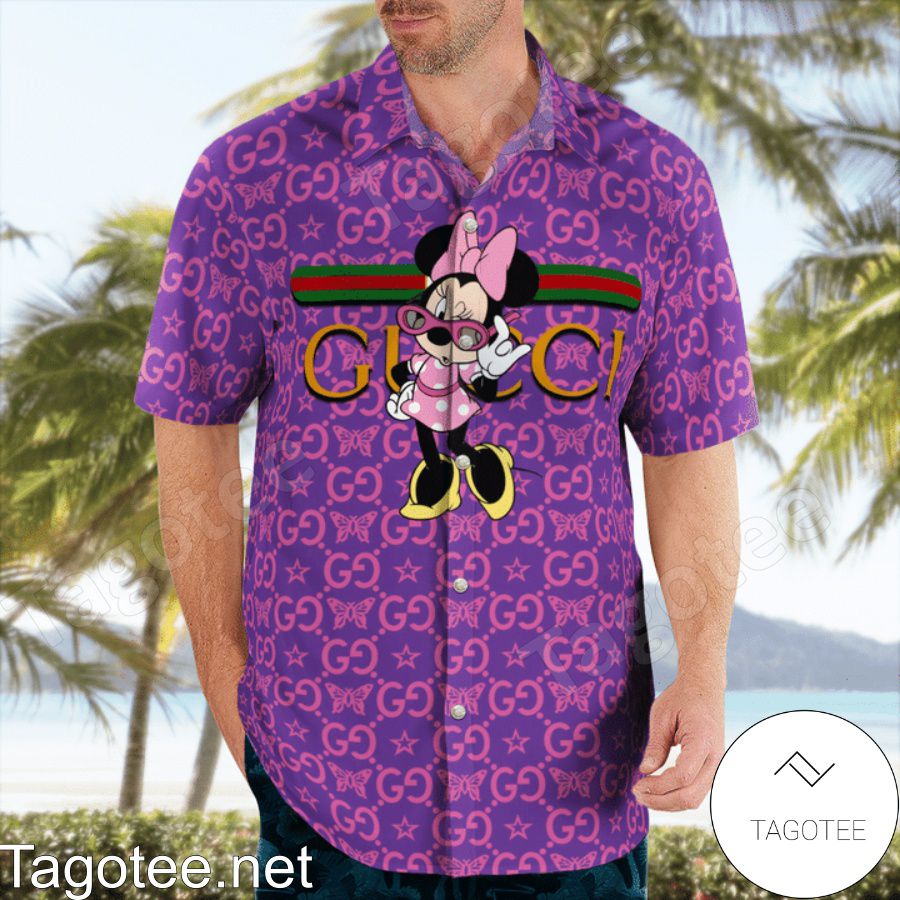 Gucci Minnie Mouse Butterfly Purple Hawaiian Shirt And Beach Shorts a