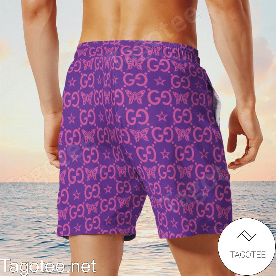 Gucci Minnie Mouse Butterfly Purple Hawaiian Shirt And Beach Shorts x