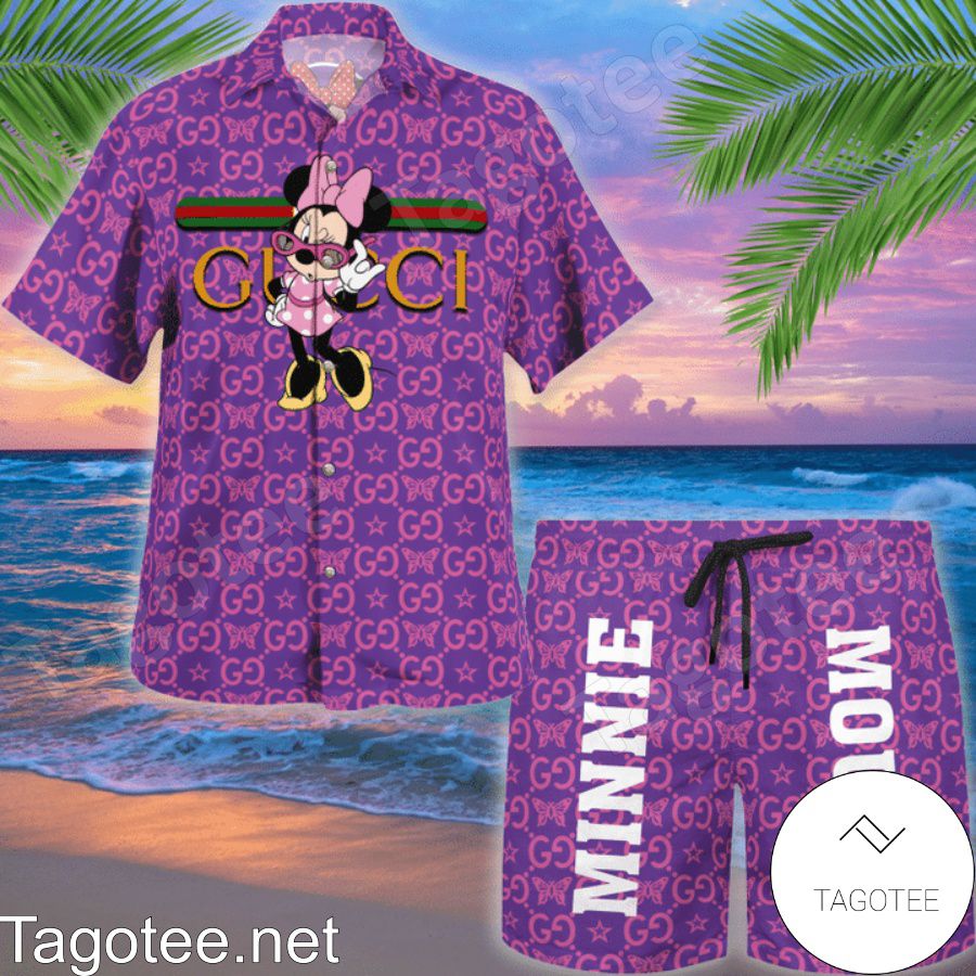 Gucci Minnie Mouse Butterfly Purple Hawaiian Shirt And Beach Shorts