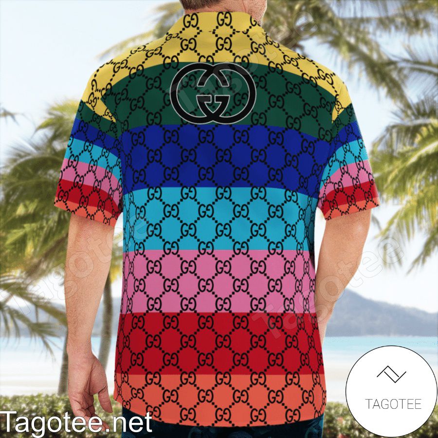 Gucci Monogram Multicolor Horizontal Stripes Hawaiian Shirt And Beach Shorts b