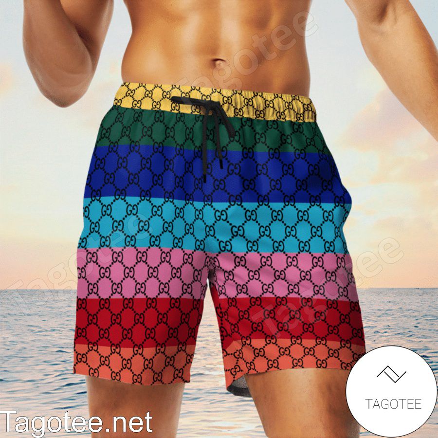 Gucci Monogram Multicolor Horizontal Stripes Hawaiian Shirt And Beach Shorts c