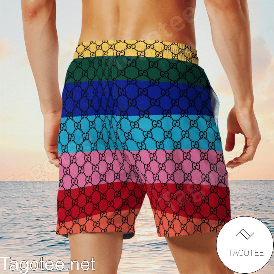 Gucci Monogram Multicolor Horizontal Stripes Hawaiian Shirt And Beach Shorts x