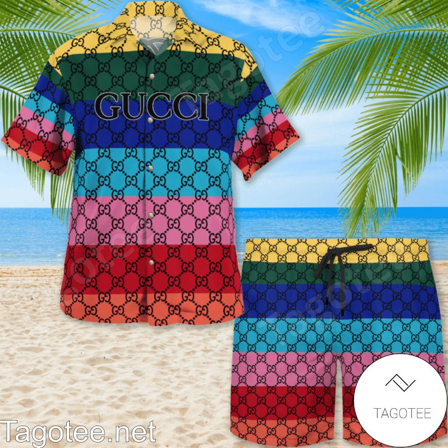 Gucci Monogram Multicolor Horizontal Stripes Hawaiian Shirt And Beach Shorts
