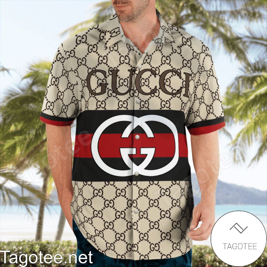 Beautiful Gucci Monogram With Black And Red Stripes Hawaiian Shirt And Beach Shorts
