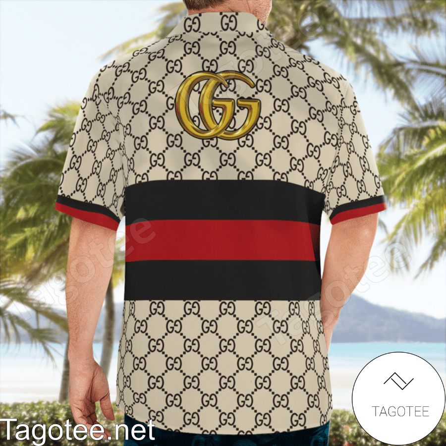 Best Gucci Monogram With Black And Red Stripes Hawaiian Shirt And Beach Shorts