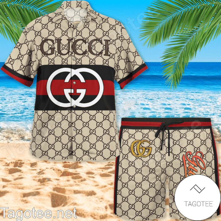 Us Store Gucci Monogram With Black And Red Stripes Hawaiian Shirt And Beach Shorts