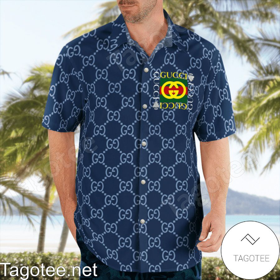 Nice Gucci Navy Monogram With Square Logo Hawaiian Shirt And Beach Shorts