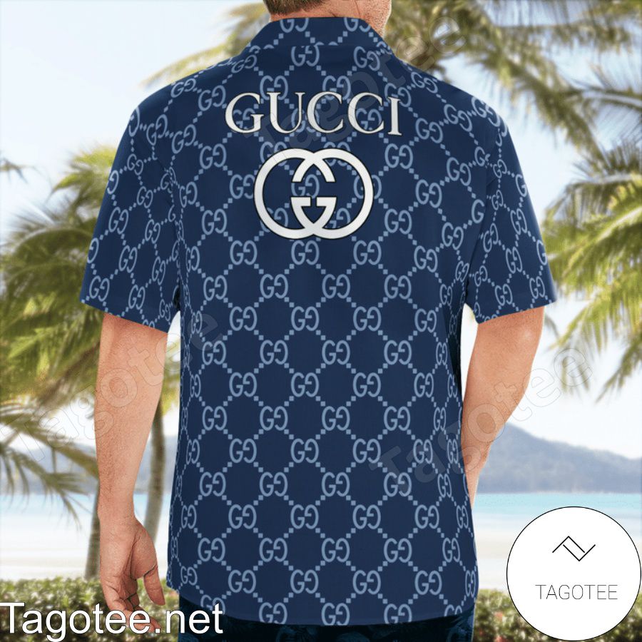 Top Selling Gucci Navy Monogram With Square Logo Hawaiian Shirt And Beach Shorts