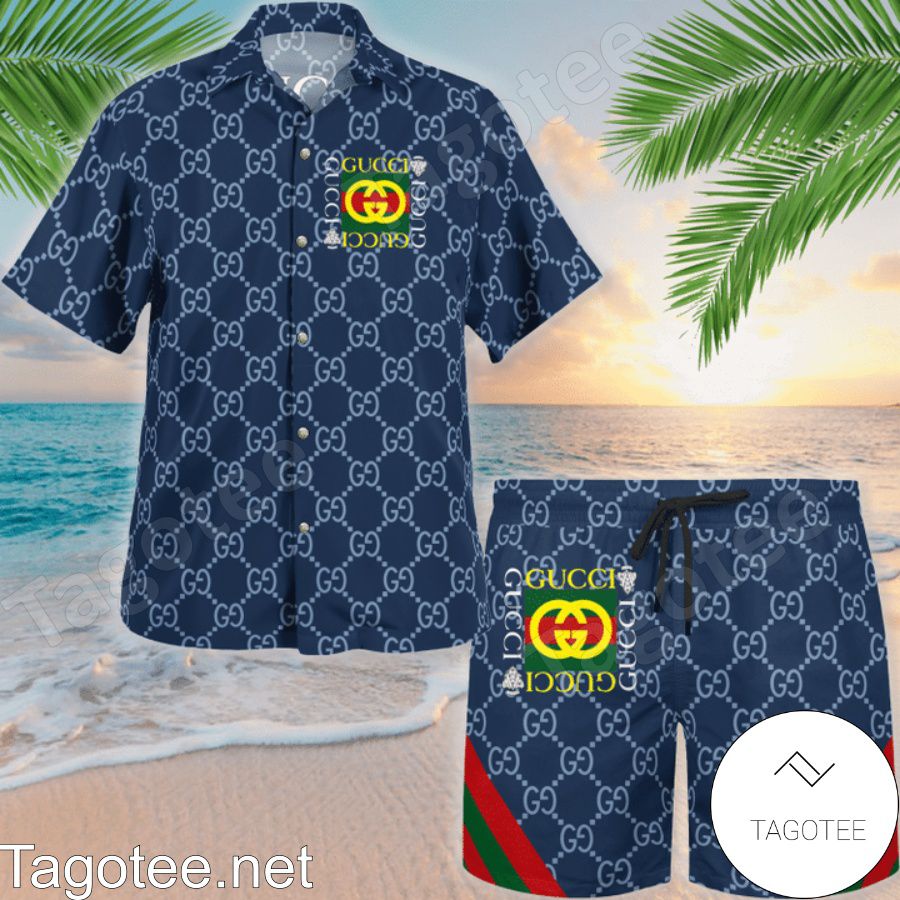 3D Gucci Navy Monogram With Square Logo Hawaiian Shirt And Beach Shorts