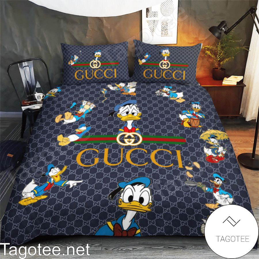Gucci Navy Monogram With Stripe Logo And Donald Duck Bedding Set